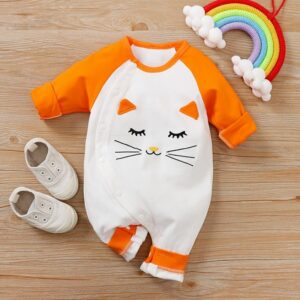Orange Color Meow Baby Romper