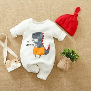 Strong Dino Causal Baby Romper With Cap