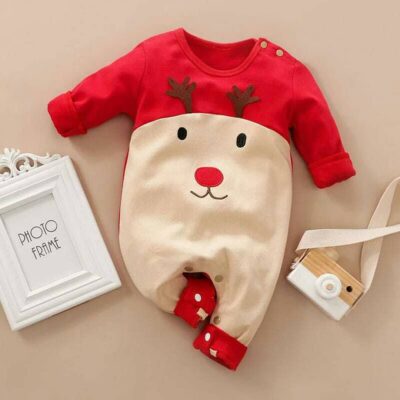 Reindeer Red Beige Cotton Baby Romper