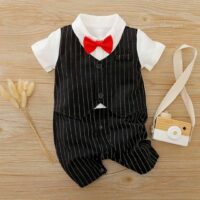 Black & White Formal Baby romper with Red bow