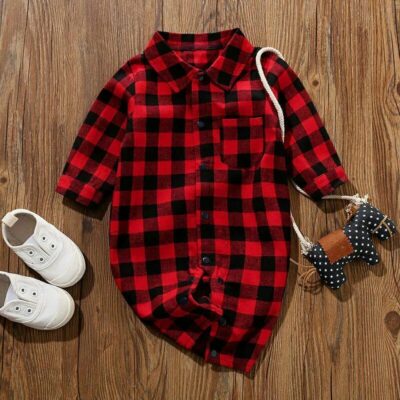 Red Black Check Full Sleeves Casual Romper