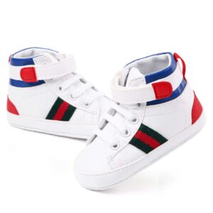 Pure White High Ankle Style Baby Shoes with Red & Green Stripes