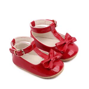Shiny Red Fancy Baby Shoes with Bow and Ankle Strap