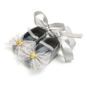 Classy Fancy Silver Baby Girl Shoes with Ribbon and Bow