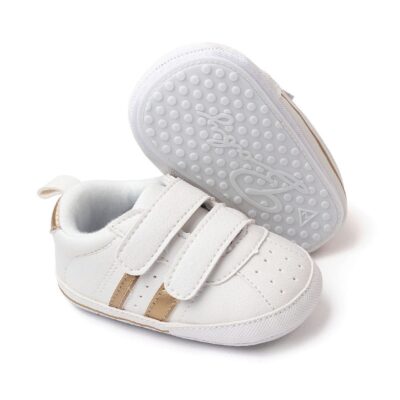 Stylish White Baby Shoes with Gold Stripes