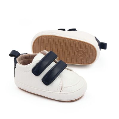 Trendy White Baby Shoes with Dark Blue Straps