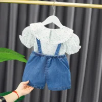Summer Lace Blouse Shirt With Denim Shorts For Girls