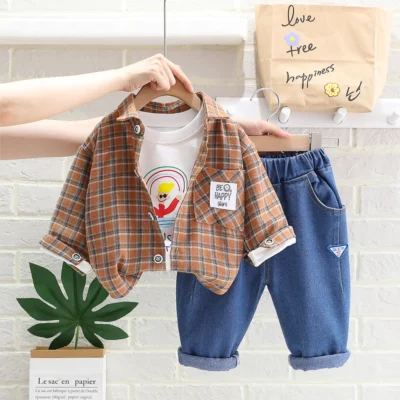 Brown Casual Shirt With Cartoon Inside Shirt N Jeans 3pc Set