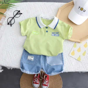 Light Green Polo With Casual Jean Shorts For Kids