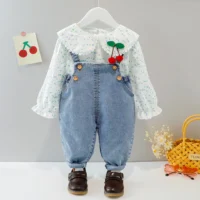Lace Blouse Shirt With Denim Suspender Pants For Girls