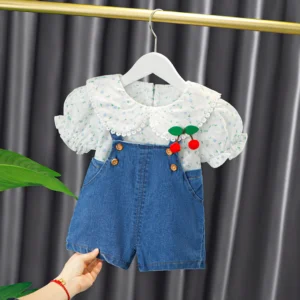 Summer Lace Blouse Shirt With Denim Shorts For Girls