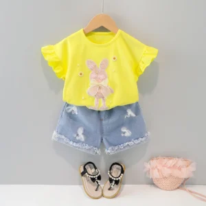 Yellow Fly Sleeve Fairy Bunny With Casual Jeans For Girls