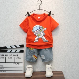 Fun With Astronaut Orange Shirt With Jeans Shorts