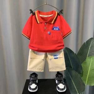 The Red Polo With Cotton Shorts For Kids 2pc Set