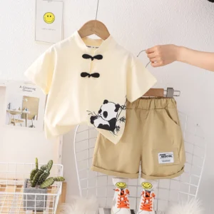 The Chinese Panda Summer Shirt With Beige Cotton Shorts