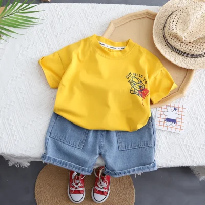 Yellow T-Shirt With Denim Blue Jeans Shorts For Children