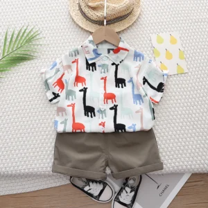 Giraffe Pattern Summer Shirt With Cotton Shorts For Kids