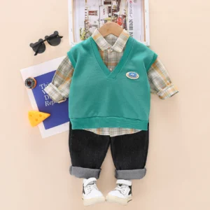 Casual Shirt With Teal Vest And Black Jeans Pants 3pc Set