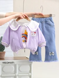 Purple Jumpsuit With T-Shirt And Jeans Denim For Baby Girls