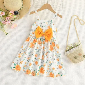 Open Shoulder Yellow Bow Frock Dress For Girls