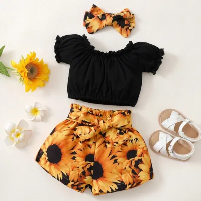 Black Top With Printed Shorts For Baby Girl
