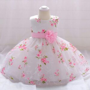 White N Pink Floral Frock Dress For Infants Toddlers