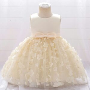 Amber Cream Net Flowers And Bow Lace Frock