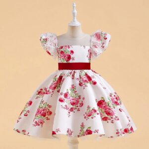 Flower Printed White Puffed Sleeves Frock Dress