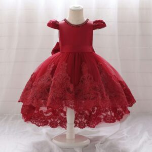 Red Embroided Pearl Neck Tailed Frock