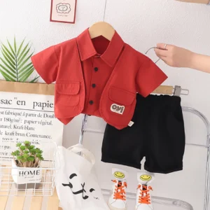 Red Shirt Cargo Style Waistcoat With Black Shorts For Kids