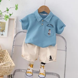 Bluish Cyan Polo With Shorts For Toddlers Kids