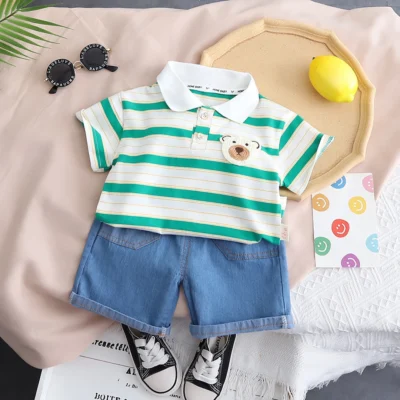 The Green Liner Polo Shirt With Jeans Shorts For Kids