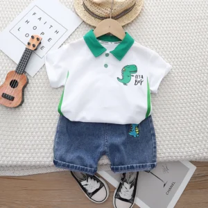 Dino Boy Polo Shirt With Jeans Shorts For Toddlers