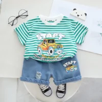Green Lines Stylish Casual T-Shirt With Blue Jeans Shorts