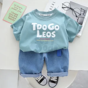 Teal Color Casual T-Shirt With Jeans Pants For Toddlers