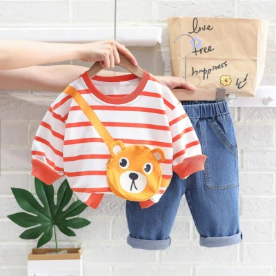 Peachy Lines Jumper N Bear Bag Attached With Denim Pants