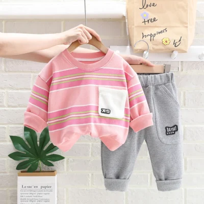 Casual Pink Sweatshirt Top With Gray Pants For Kids