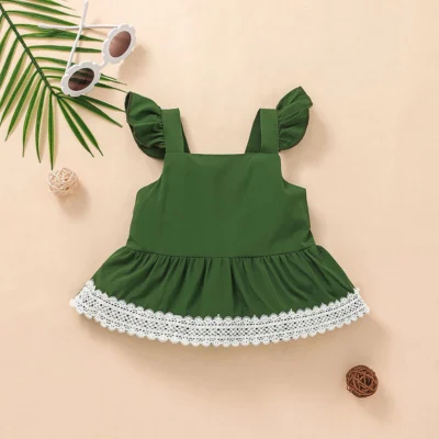 Green Sleeveless Top With Bottom Lace Shorts For Baby Girl