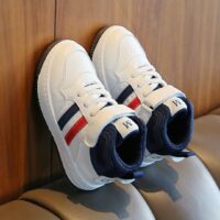 Trendy White Kids Shoes with Red and Blue Stripes