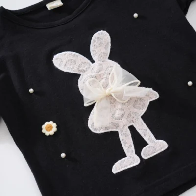 Black Fly Sleeve Fairy Bunny With Casual Jeans For Girls