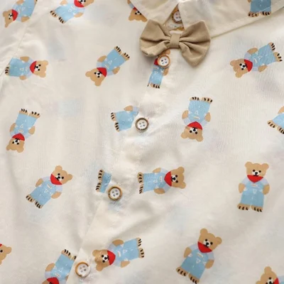Cartoon Patterned Summer Shirt With Beige Cotton Shorts