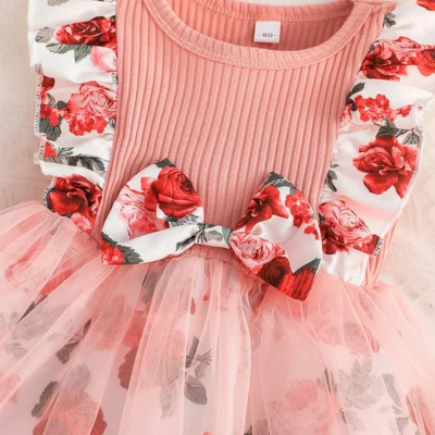 Pink Rosey Waistband Bow Baby Girl Dress