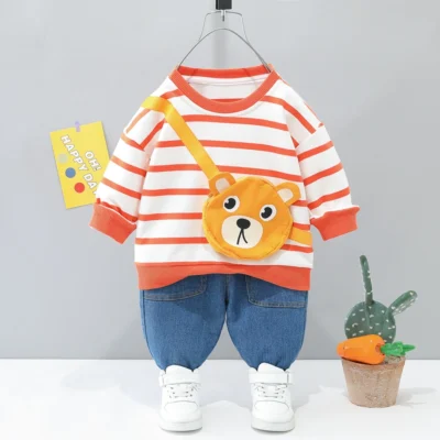 Peachy Lines Jumper N Bear Bag Attached With Denim Pants