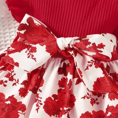 Red Floral Printed Korean Style Baby Girl Dress