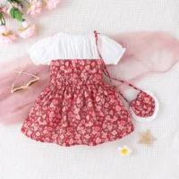 Red N White Floral Printed Skirt Style Dress With Bag
