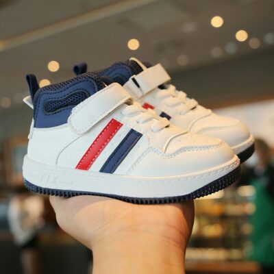Trendy White Kids Shoes with Red and Blue Stripes