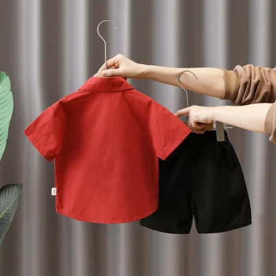 Red Shirt Cargo Style Waistcoat With Black Shorts For Kids