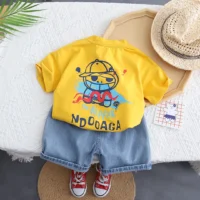 Yellow T-Shirt With Denim Blue Jeans Shorts For Children