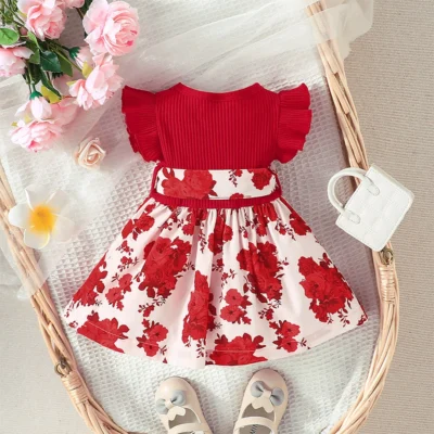Red Floral Printed Korean Style Baby Girl Dress
