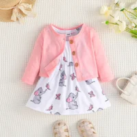 Sweet Elephant Baby Girl Dress With Pink Top 2pc Set